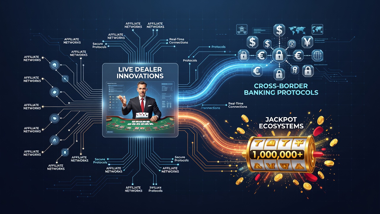 Affiliate network dashboard displaying live dealer streams integrated with international banking interfaces for jackpot tracking