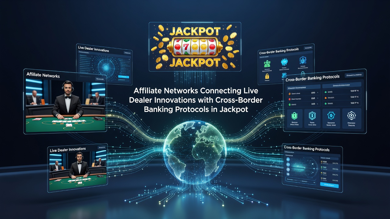 Cross-border transaction flow diagram showing affiliate-tracked live dealer bets feeding into synchronized jackpot ledgers