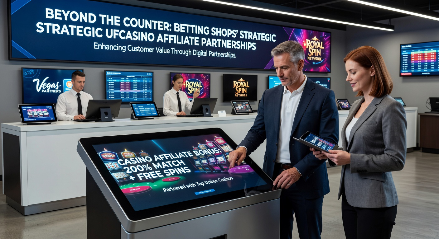 Close-up of a betting shop counter featuring casino affiliate flyers, QR codes, and a tablet displaying an online casino interface