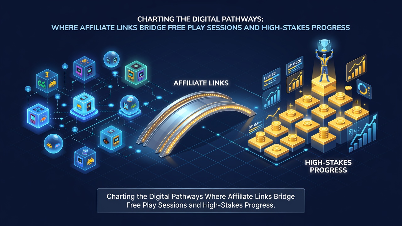 Infographic depicting data flows and tracking mechanisms in affiliate networks connecting free gaming to progressive jackpots