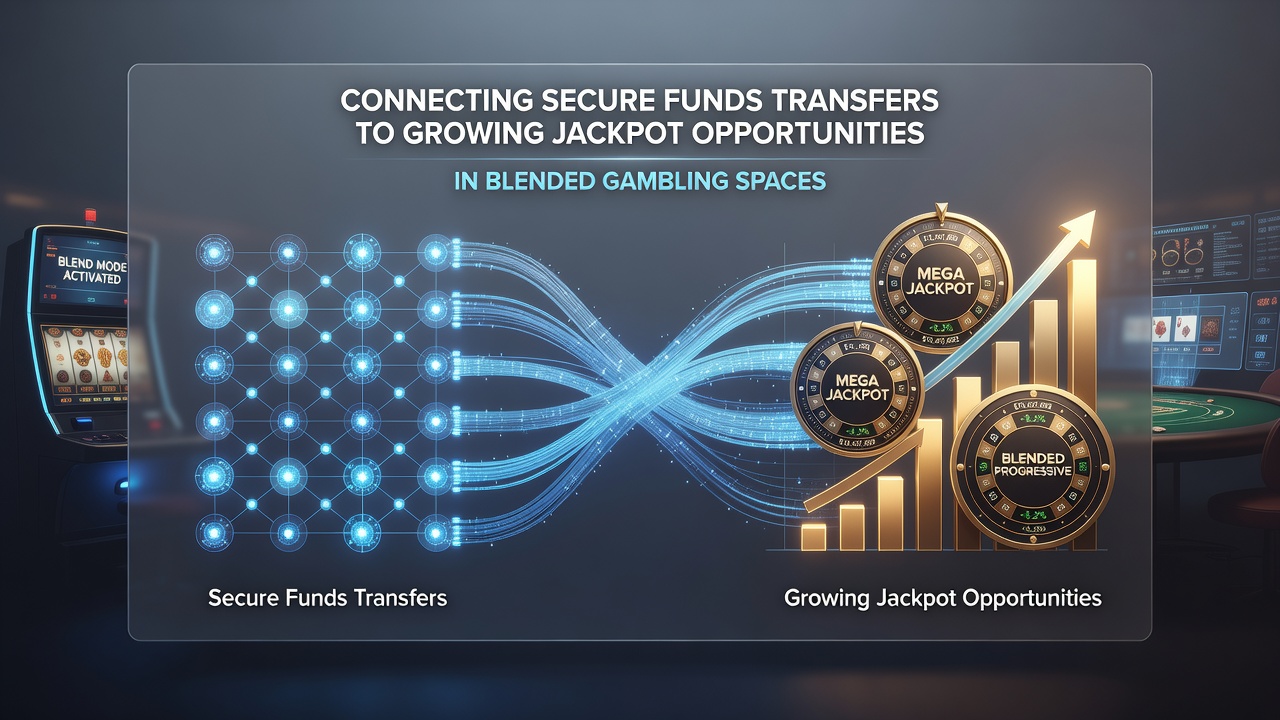 Network diagram showing secure payment flows feeding into shared progressive jackpot pools across blended gambling venues