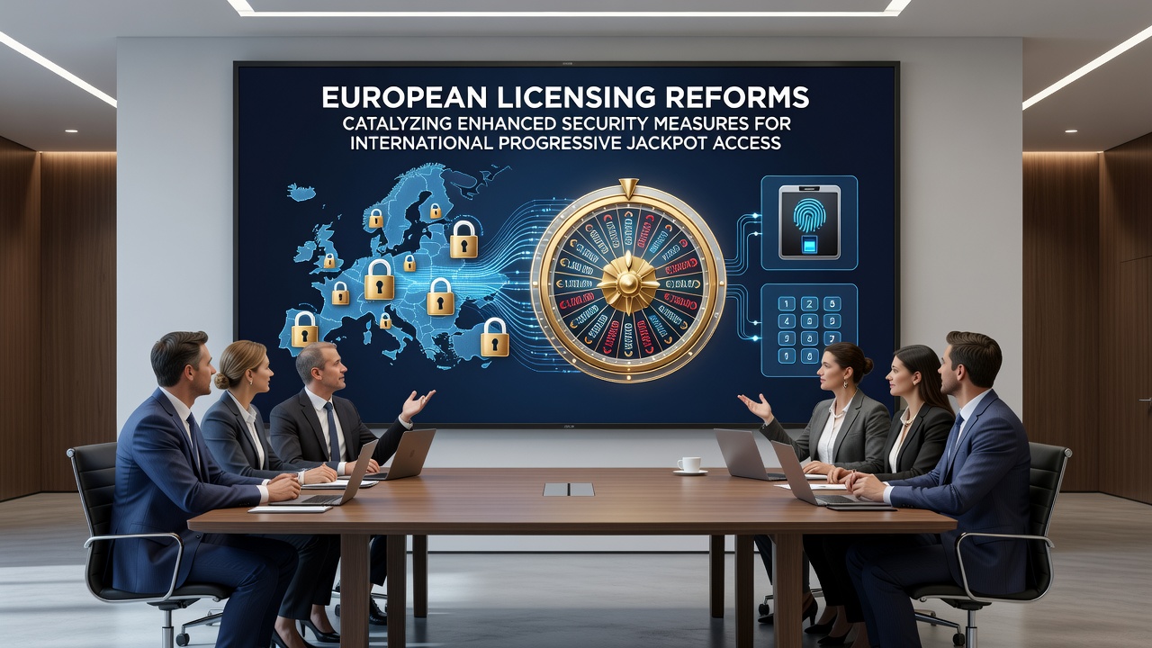 European regulatory documents and digital security icons representing licensing reforms for progressive jackpots