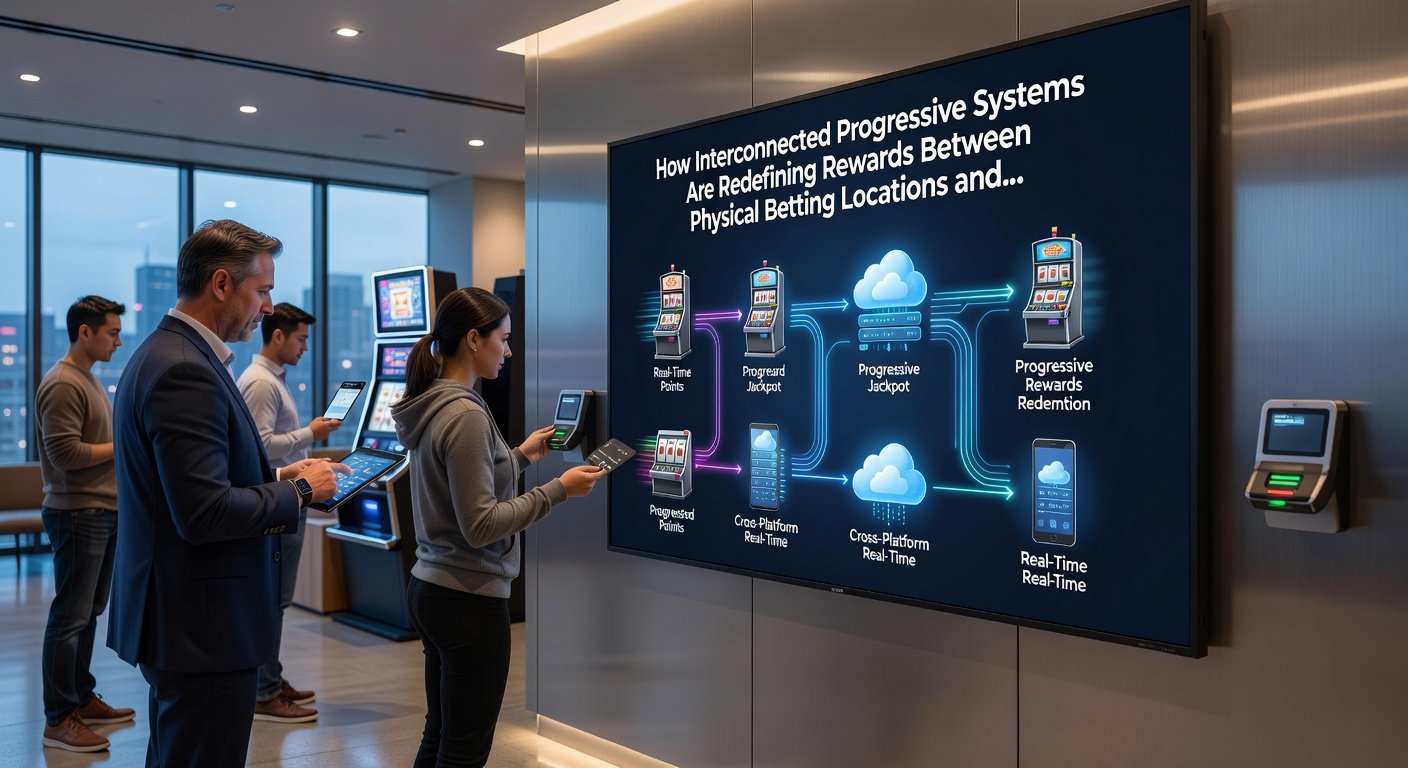 Diagram showing data flow between land-based betting terminals and digital casino servers for shared progressive rewards
