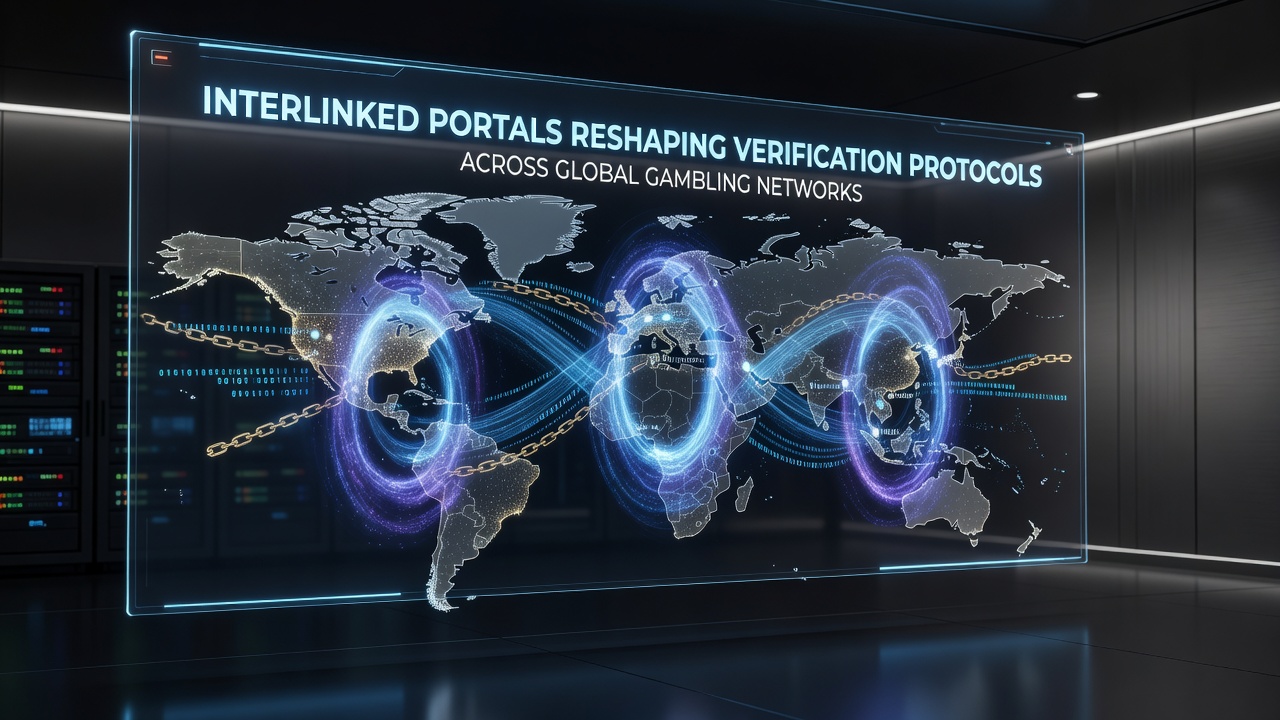 Global map highlighting connected gambling networks and verification hubs in different time zones
