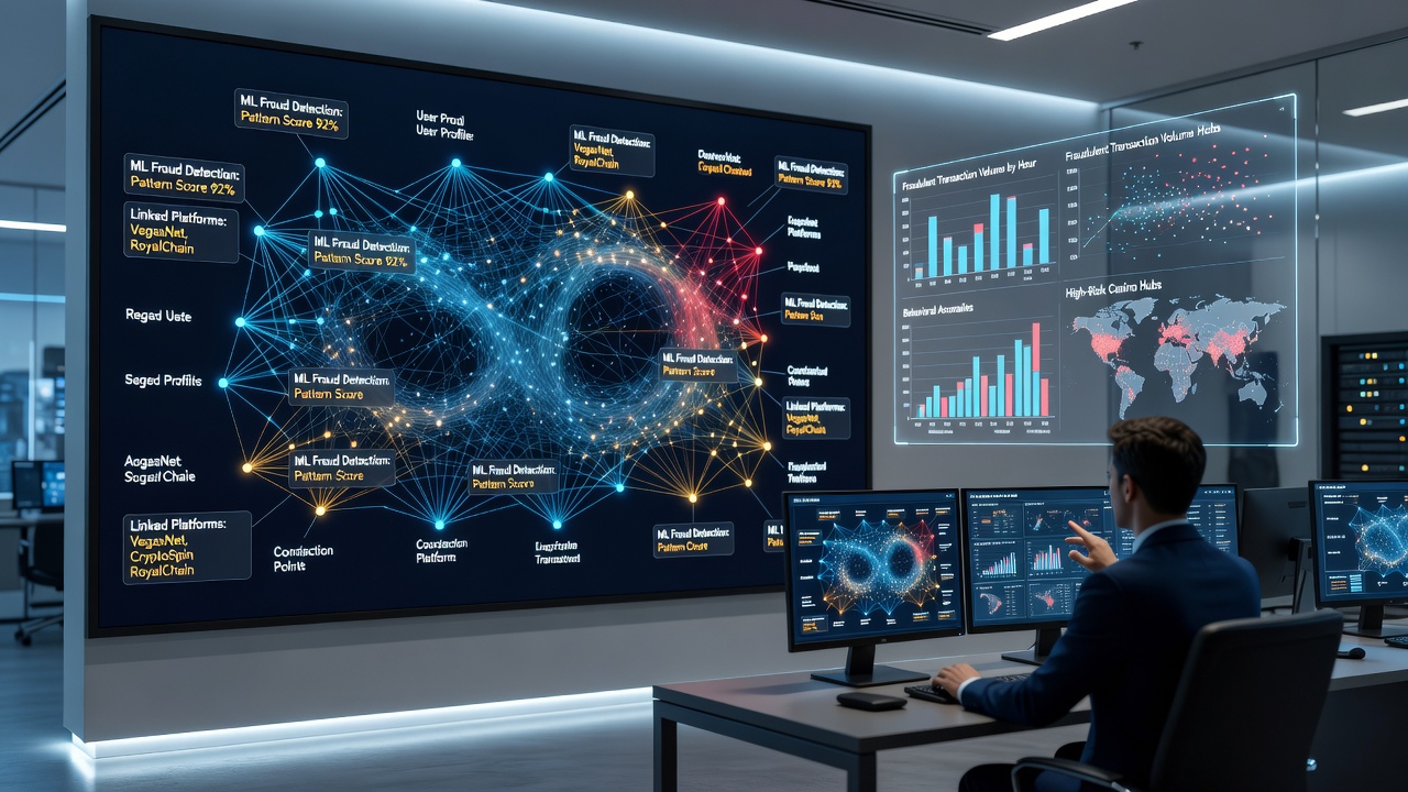 Network graph visualization showing linked casino accounts flagged for fraudulent activity