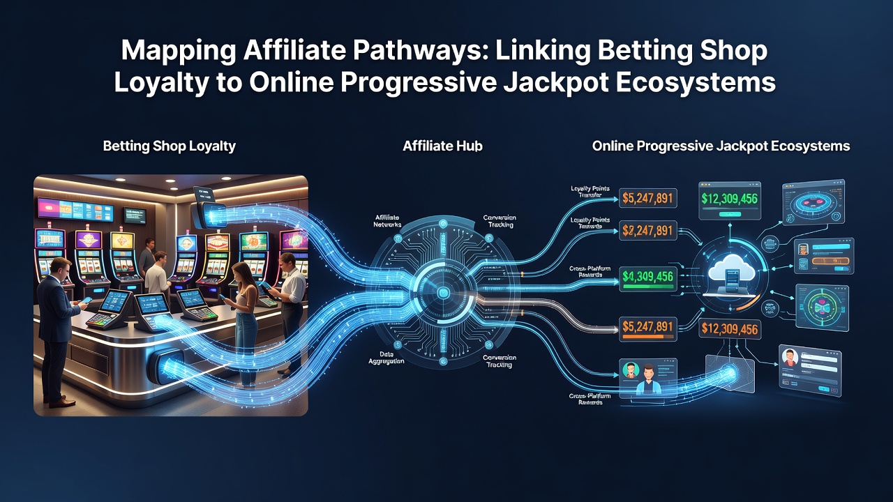 Diagram showing connections between physical betting shop loyalty cards and online progressive jackpot platforms through affiliate tracking systems