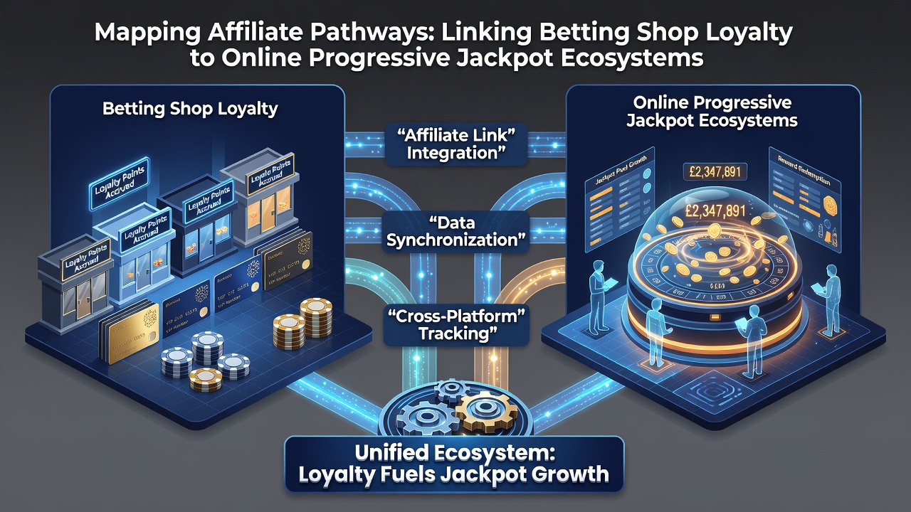 Flowchart illustrating affiliate tracking from betting shop terminals through network servers to online jackpot accumulation