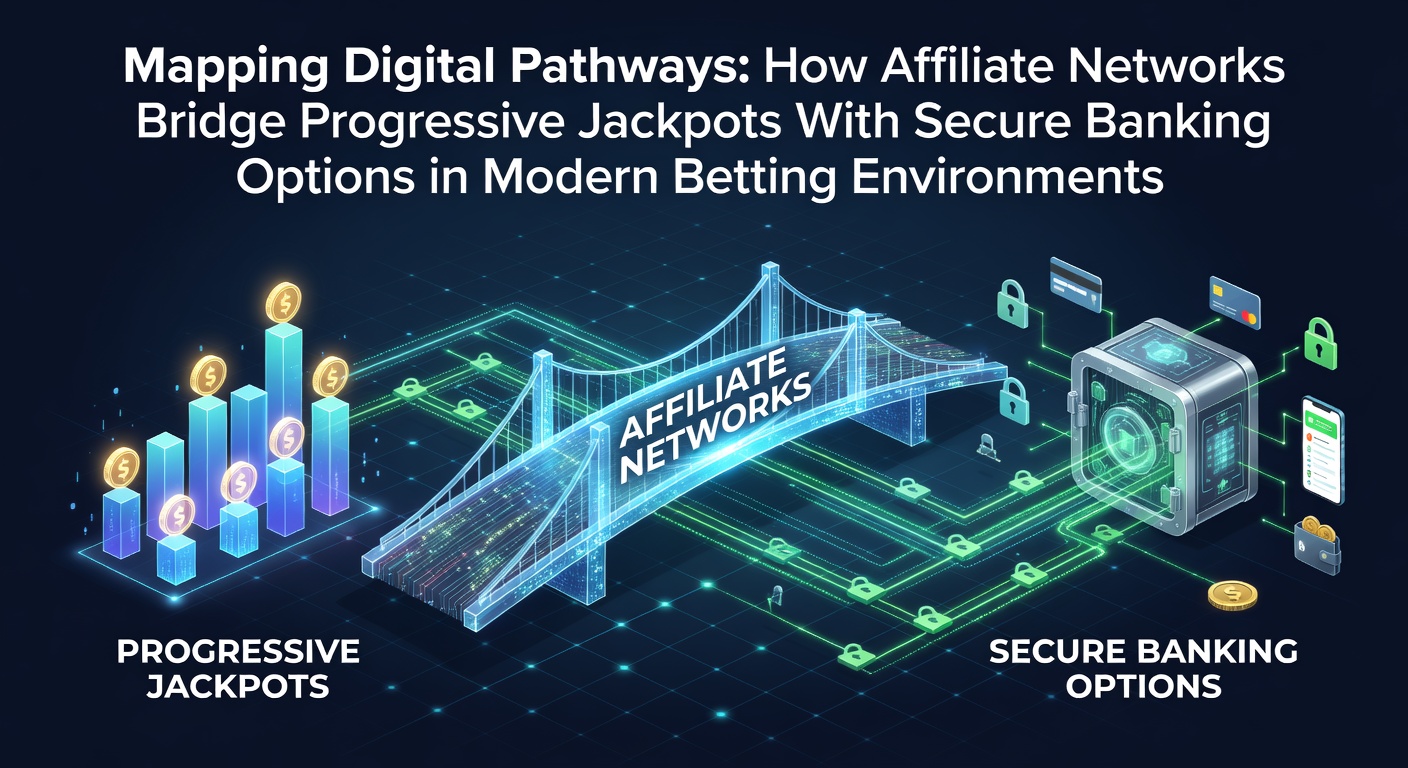 Illustration of digital pathways connecting affiliate networks, progressive jackpots, and secure banking systems in online betting environments