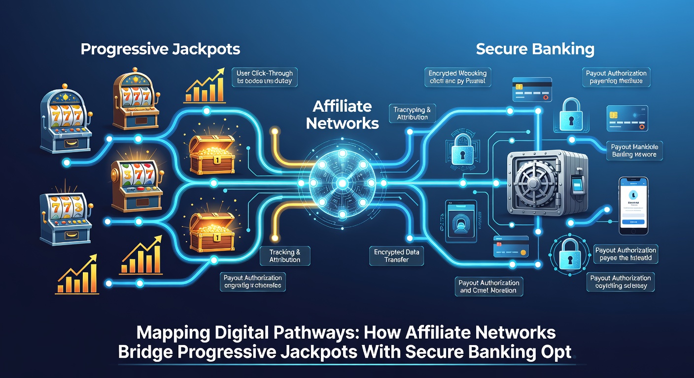 Diagram showing secure banking integrations with progressive jackpot platforms via affiliate tracking systems