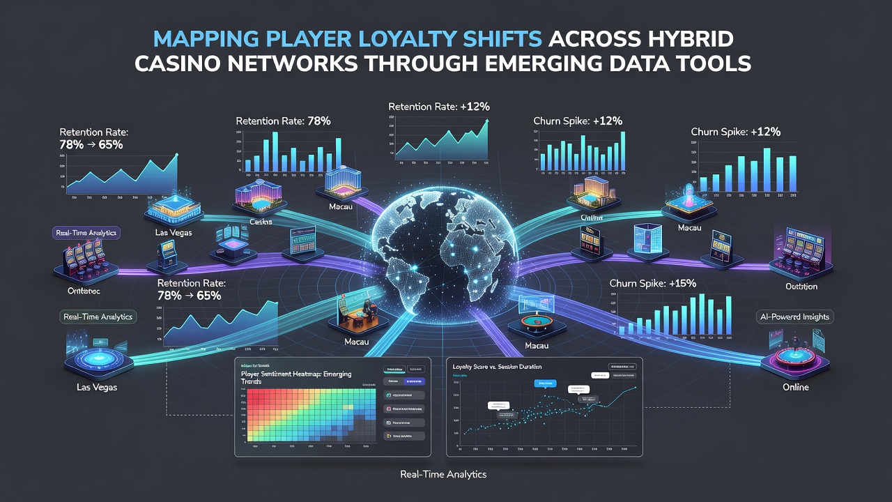 Analyst reviewing loyalty shift reports on multiple screens in a casino operations center