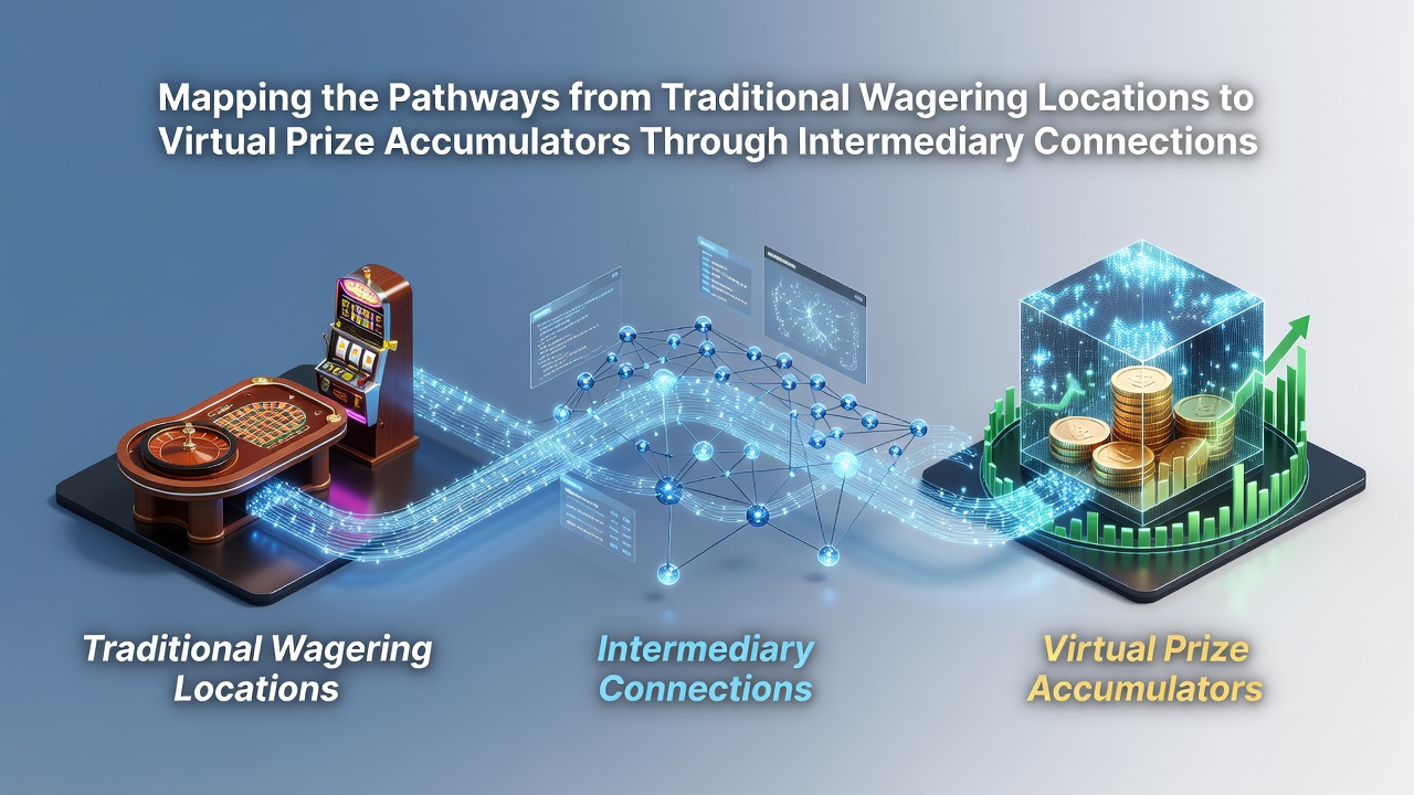 Diagram showing pathways from traditional betting shops to virtual prize systems through intermediary networks
