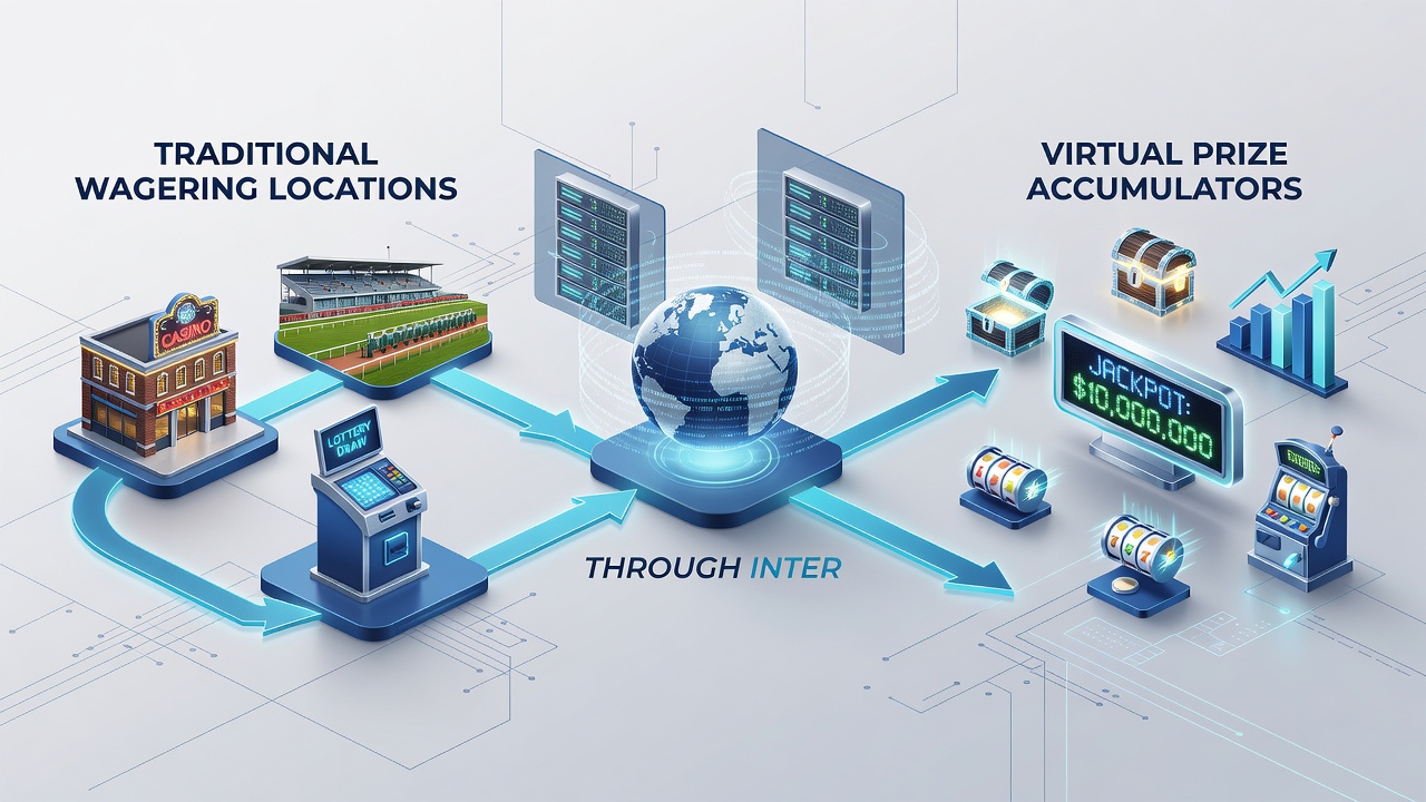 Illustration of intermediary connections linking physical casinos to online virtual prize accumulators