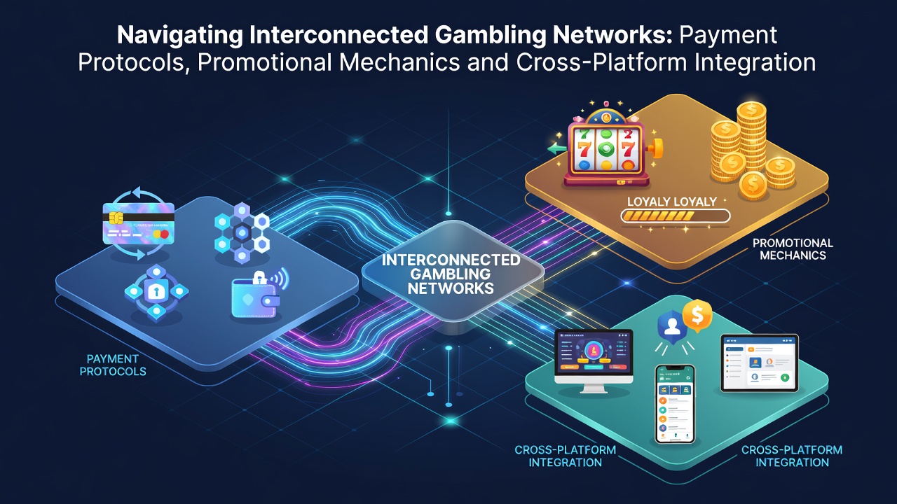 Cross-platform linkages in gambling networks illustrating promotional mechanics and unified reward systems