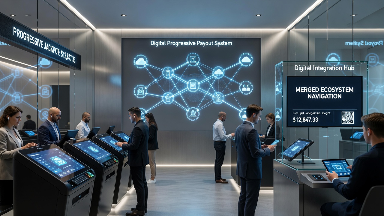 Digital dashboard displaying affiliate network traffic, progressive jackpot meters, and encrypted transaction logs between physical and online betting systems
