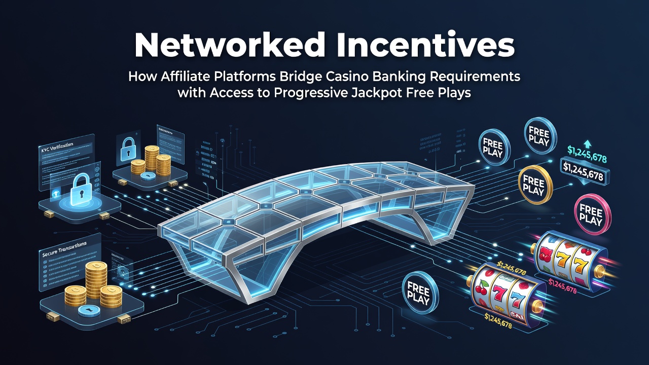 Affiliate platform dashboard showing connections between casino banking systems and progressive jackpot promotions