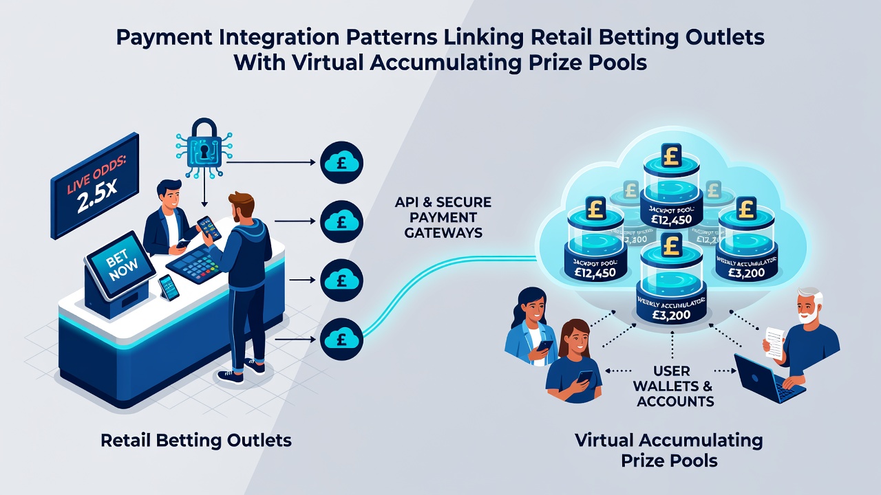 Diagram showing payment data flow between physical betting shops and virtual accumulating prize pools