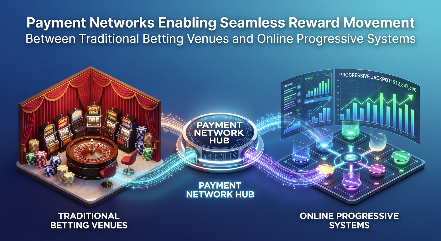 Illustration of interconnected payment networks linking physical casino floors to digital progressive jackpot systems with data flow arrows and reward icons