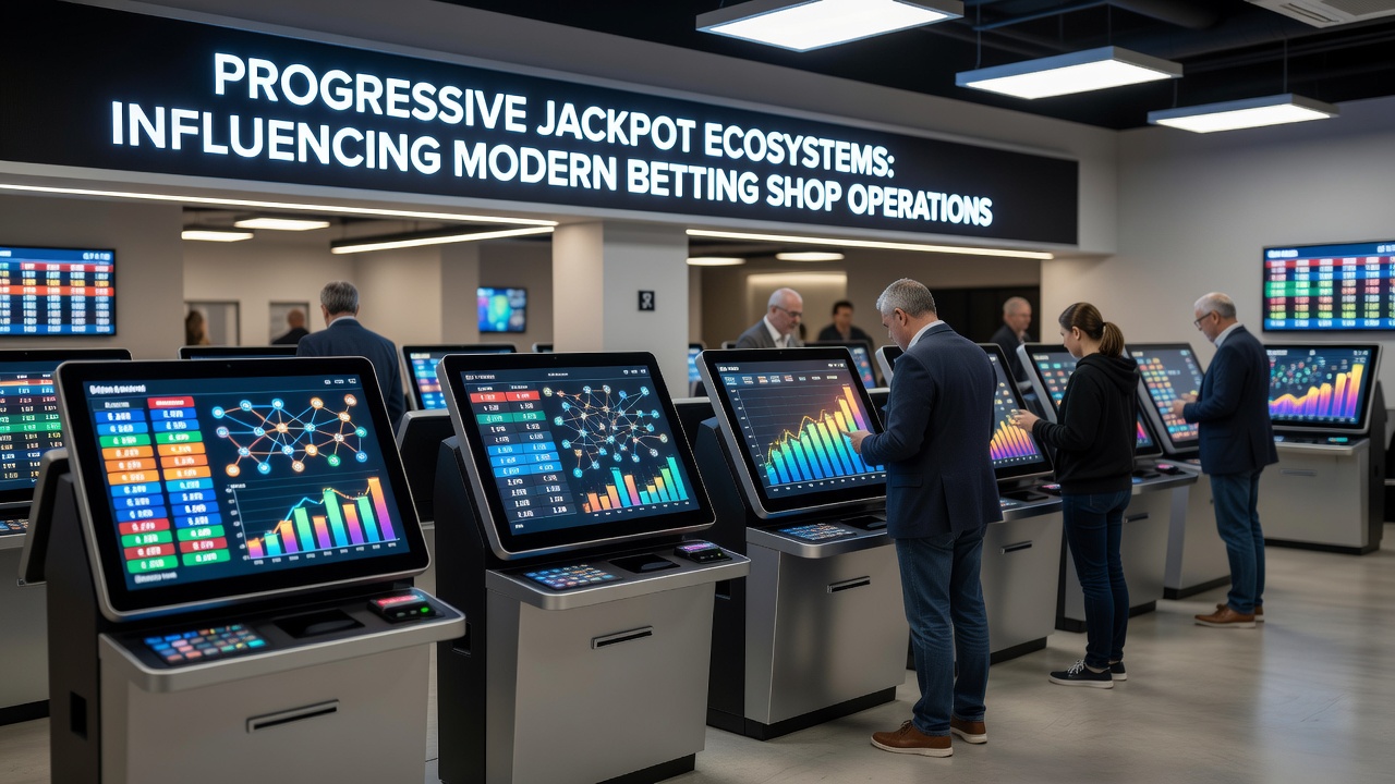 Betting shop interior with linked progressive jackpot terminals and real-time prize displays