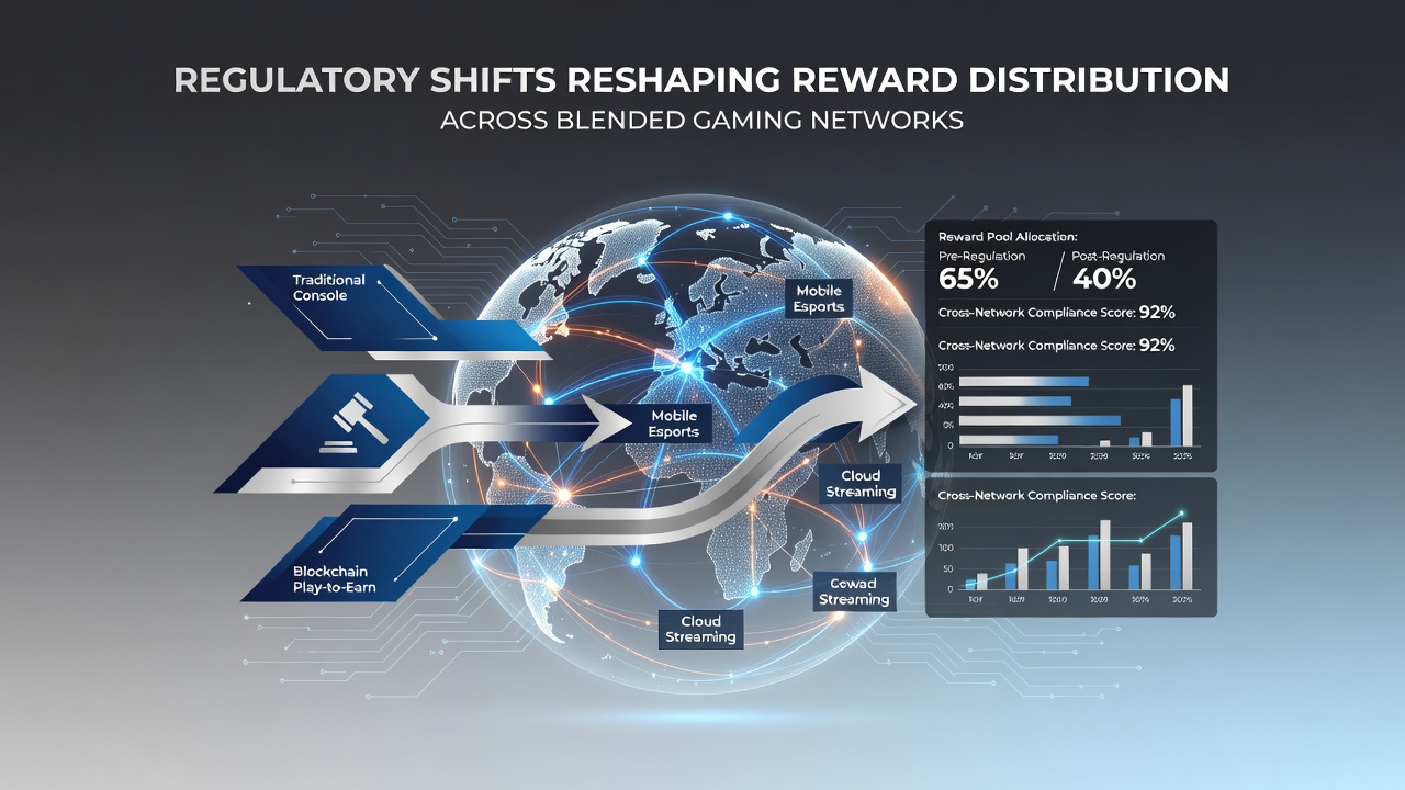 Illustration of regulatory documents and digital reward points flowing across physical and online casino platforms
