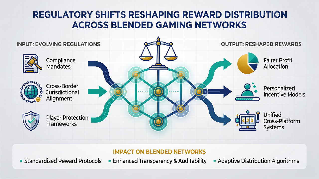 Digital network diagram showing reward points distributed between land-based casinos and online platforms under regulatory oversight